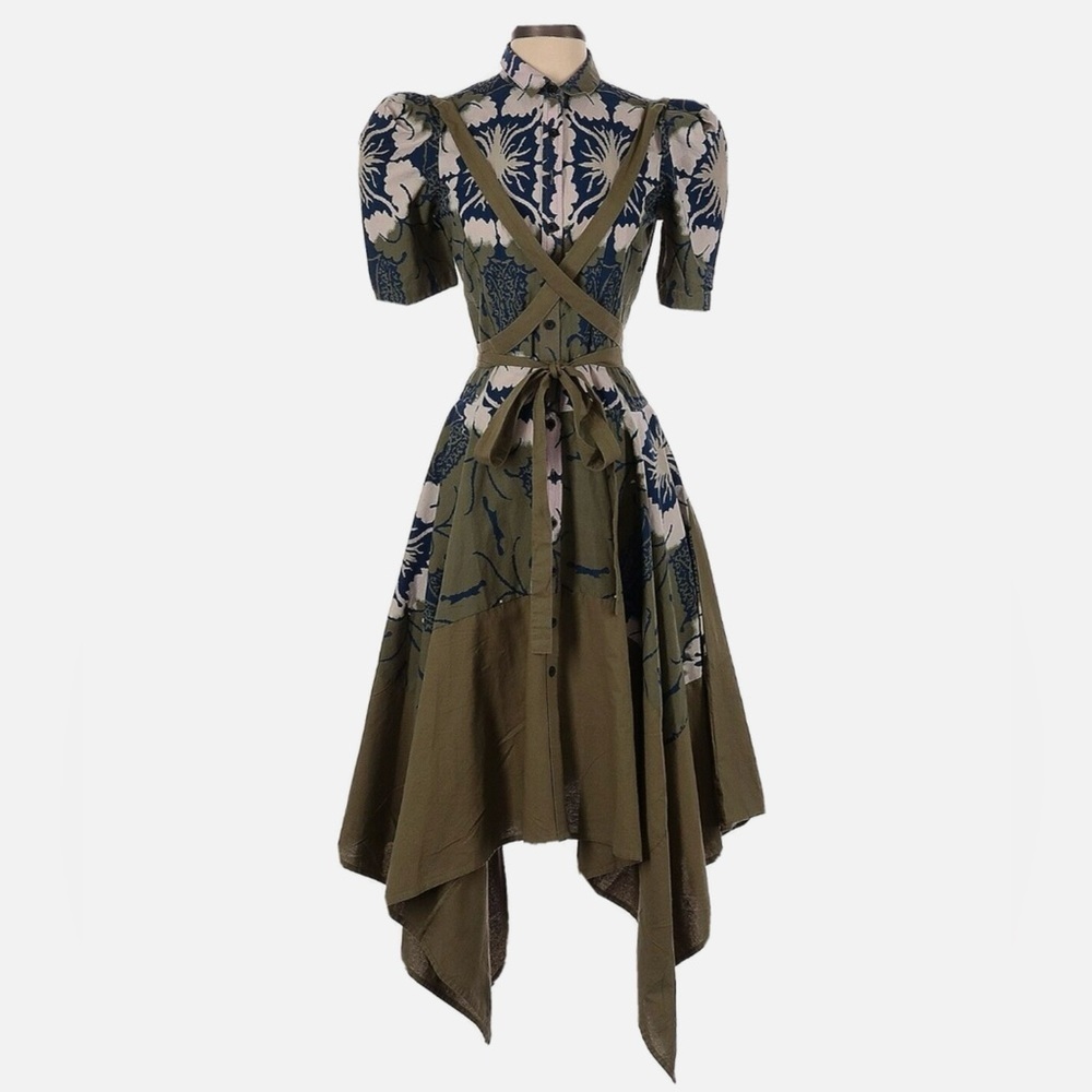 Making the Cut Army Green Floral Self Tie Dress XS Season 2 Winner Pockets NWT
